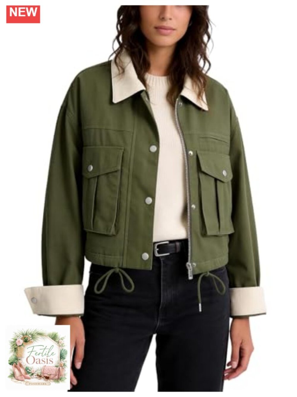Women's Cropped Barn Jacket Contrast Collar Zip Up Utility Coat with Pockets